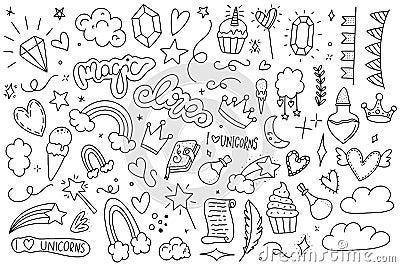 Unicorn and Magic Doodles. Cute unicorn and pony collection with magic items. Unicorn pattern. Vector doodles illustrations. Vector Illustration