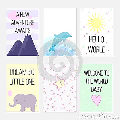 Birthday cards with quotes, cartoon dolphin and elephant for baby girl and kids. A new adventure awaits. Hello world. Dream big li Vector Illustration