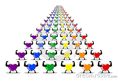 Colorful healthy hearts marching and parading in rows. LGBT rainbow colors isolated on white transparent background. Vector Illustration