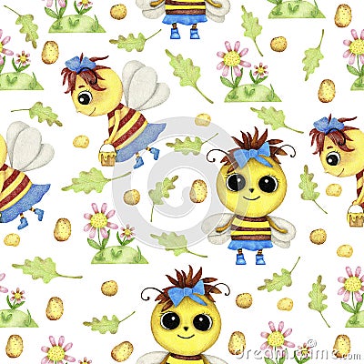 Illustration, seamless pattern, cute wasps, wasp house, flowers and leaves, flower pollen, plant twigs Stock Photo