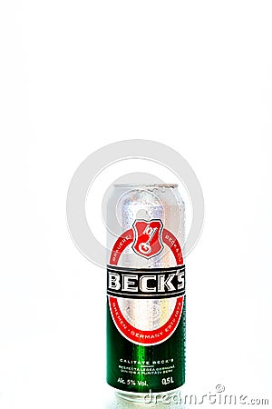 Can of Beck`s or Becks beer in Bucharest, Romania, 2021 Editorial Stock Photo