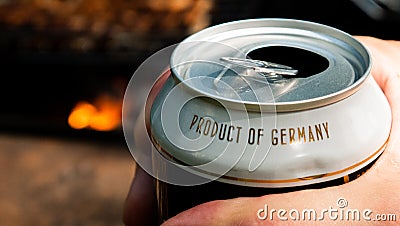 Can of beer and the inscription product of Germany Stock Photo