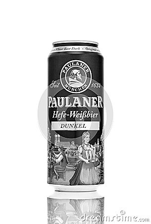 Can of beer Paulaner Hefe Weissbier Dunkel on a white background. Famous brewery in Germany. Editorial Stock Photo