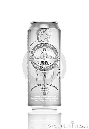 Can of Blanche De Bruxelles, Belgian white beer Witbier Brewed by Brasserie Lefebvre SA, Belgium. Editorial Stock Photo