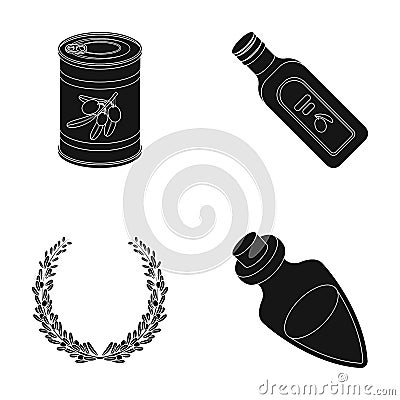 A can of canned olives, a bottle of oil with a sticker, an olive wreath, a glass jar with a cork. Olives set collection Vector Illustration