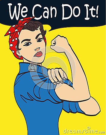 We Can Do It. Cool vector iconic woman's fist symbol of female power and industry. cartoon woman with can do attitude Vector Illustration