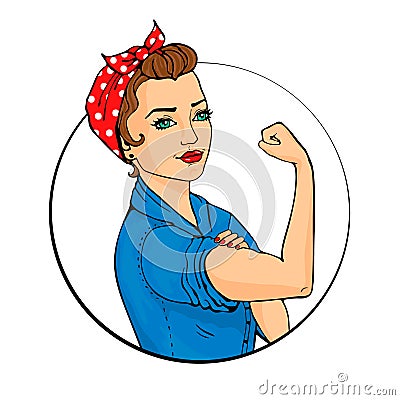 We Can Do It Pop art sexy strong girl in a circle Vector Illustration