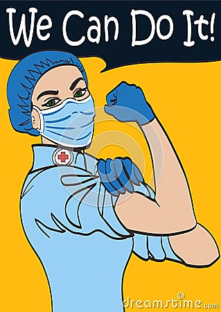 We Can Do It. Vector iconic woman doctor in a medical mask fist symbol of female power and industry. Vector Illustration