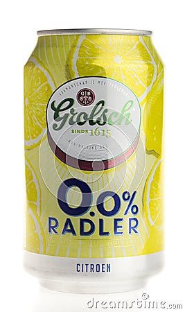 Can of Grolsch non-alcoholic Lemon Radler beer isolated on white Editorial Stock Photo