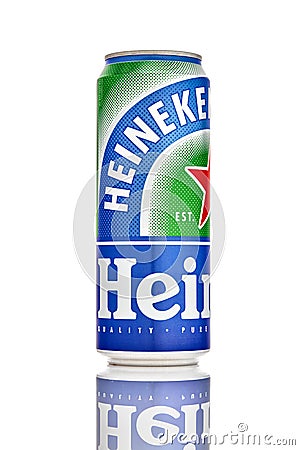 Can of Heineken 0.0 Alcohol Free Beer isolated on white background, produced by the Dutch brewing company Heineken International. Editorial Stock Photo