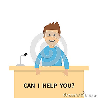 Can I help you. Men male people consultant. Table Information desk counter microphone. Reception service. Info support. Cute carto Vector Illustration