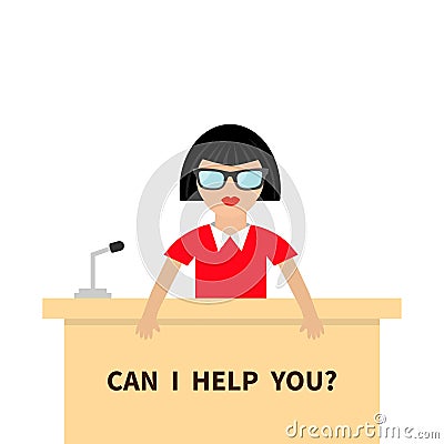 Can I help you. Women female people wearing eyeglasses. Table Information desk counter microphone. Reception service Info support. Vector Illustration