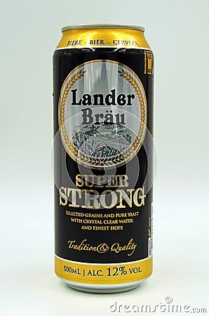 Can of Lander BrÃ¤u Super Strong beer. Editorial Stock Photo