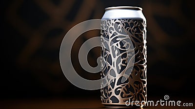 A can of a metal container with intricate designs on it, AI Stock Photo