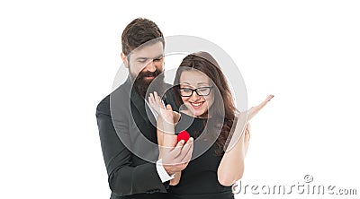 Can not believe this is happening. marry me. offer her engagement ring for marriage proposal. celebrate special occasion Stock Photo