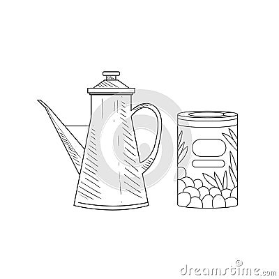 Can Of Olives And Old-school Pitcher Hand Drawn Realistic Sketch Vector Illustration