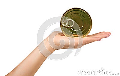 Can with opener. Canned prepared food, conserved snack Stock Photo