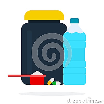 Can of protein, a plastic measuring spoon, vitamins in capsules and a bottle of water flat isolated Vector Illustration