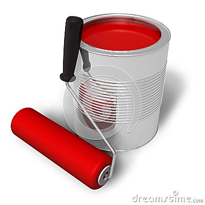 Can with red paint and roller brush Stock Photo