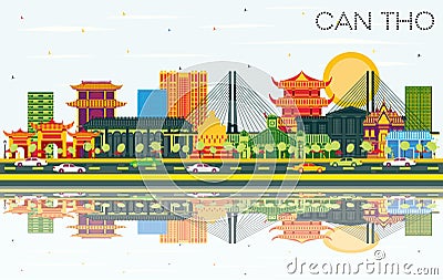 Can Tho Vietnam City Skyline with Color Buildings, Blue Sky and Reflections Stock Photo
