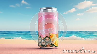 A can of tropical drink sitting on a beach, AI Stock Photo