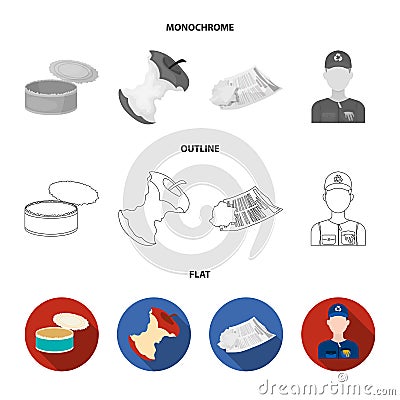 Can used used pot, apple stub, old dirty and wrinkled newspaper, the man who takes out the garbage.Garbage and trash set Vector Illustration