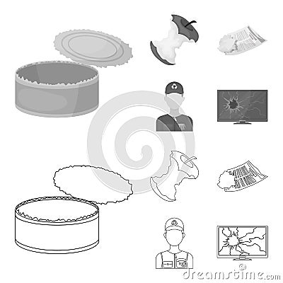 Can used used pot, apple stub, old dirty and wrinkled newspaper, the man who takes out the garbage.Garbage and trash set Vector Illustration