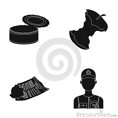 Can used used pot, apple stub, old dirty and wrinkled newspaper, the man who takes out the garbage.Garbage and trash set Vector Illustration