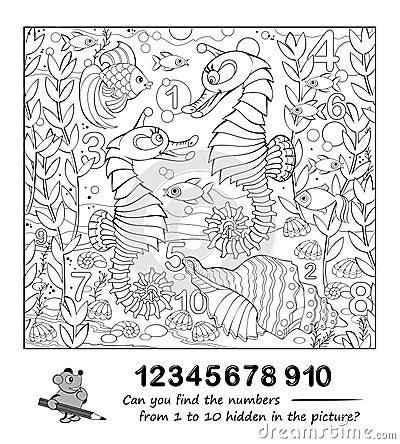 Can you find the numbers from 1 to 10 hidden in the picture? Logic puzzle game. Coloring book for kids. Math education for Vector Illustration