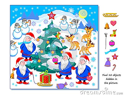 Can you find 10 objects hidden in the picture? Logic puzzle game for children and adults. Illustration of Santa Clauses Vector Illustration