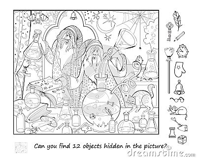 Can you find 12 objects hidden in the picture? Logic puzzle game. Illustration of the funny wizards practicing alchemy in a magic Vector Illustration