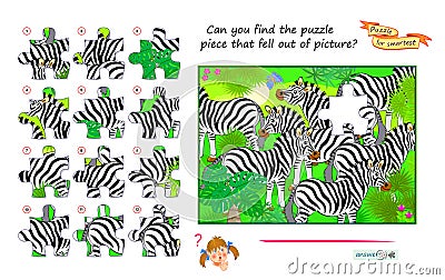 Can you find the puzzle piece that fell out of picture? Logic game for children and adults. Page for kids brain teaser book. Task Vector Illustration