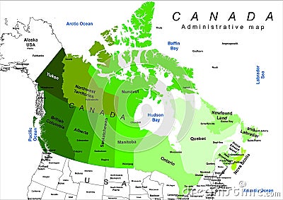 Canada Administrative Provinces and Territories Map Green shades Stock Photo