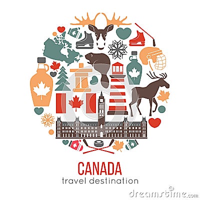 Canada attributes colorful set in round shape on white. Vector Illustration