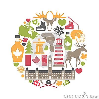 Canada attributes colorful set in round shape on white Vector Illustration