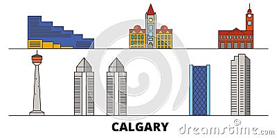 Canada, Calgary flat landmarks vector illustration. Canada, Calgary line city with famous travel sights, skyline, design Vector Illustration