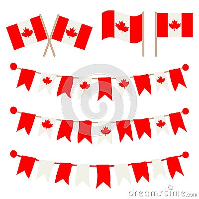 Canadian buntings, garlands, flags set isolated on white background. Vector Illustration