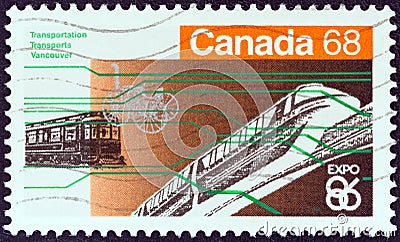 CANADA - CIRCA 1986: A stamp printed in Canada from the `Expo 86 World`s Fair` issue shows Vancouver transportation, circa 1986. Editorial Stock Photo