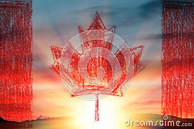 Canada Day. A pencil-drawn symbol of a maple leaf on a sunset or sunrise background. Flag and landscape, double exposure Stock Photo