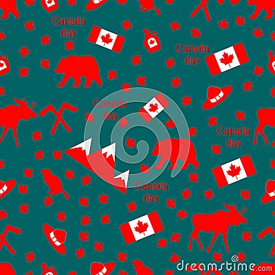 Canada day. Seamless pattern with maple, flag, moose and hat, beaver and bear, mountains, maple syrup. Vector Vector Illustration