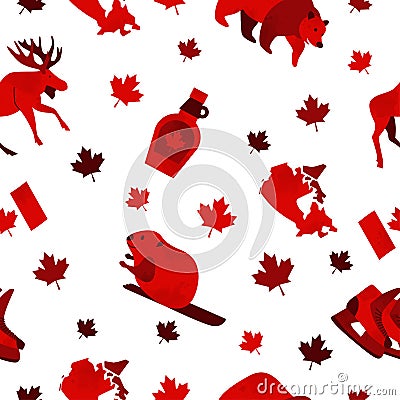 Vector Seamless Canada Day Patterns with Red national and traditional symbols on white background Vector Illustration