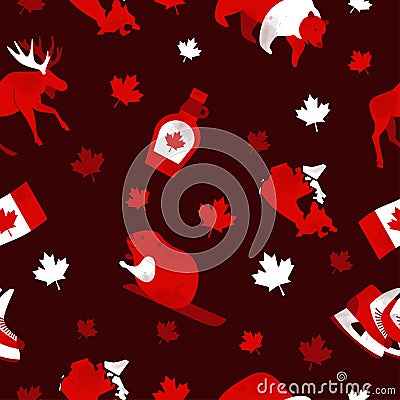 Canada Day Vector Seamless Patterns with Red and white national and traditional symbols on red background Vector Illustration