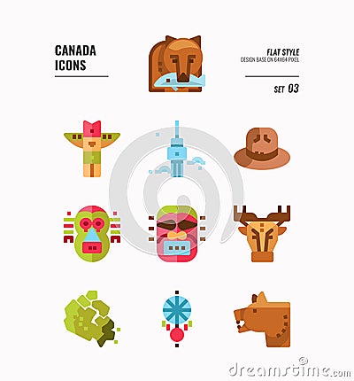 Canada icon set 3. Include Canada map, aboriginal, bear and more. Vector Illustration