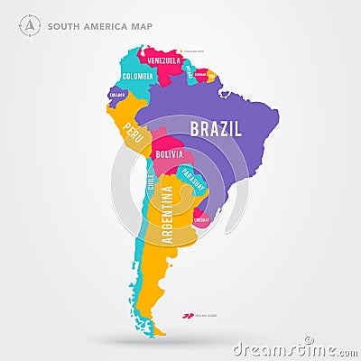 Vector Illustration Map Of South America In Modern Colors And Name Labels Vector Illustration