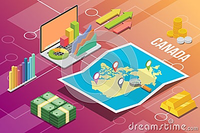 Canada isometric business economy growth country with map and finance condition - vector Cartoon Illustration