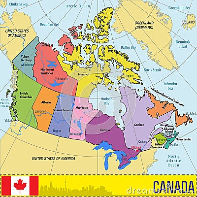 Canada map with regions and their capitals Vector Illustration