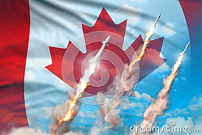 Canada nuclear warhead launch - modern strategic nuclear rocket weapons concept on blue sky background, military industrial 3D Cartoon Illustration