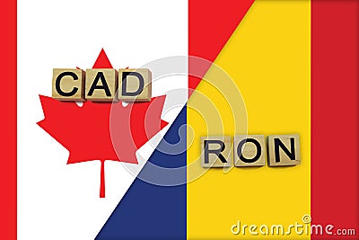 Canada and Romania currencies codes on national flags background Stock Photo