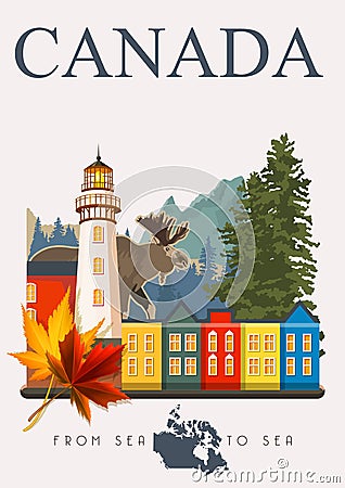 Canada. From sea to sea. Canadian vector illustration. Vintage style. Travel postcard. Vector Illustration