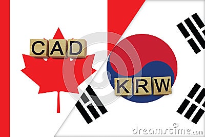 Canada and South Korea currencies codes on national flags background Stock Photo